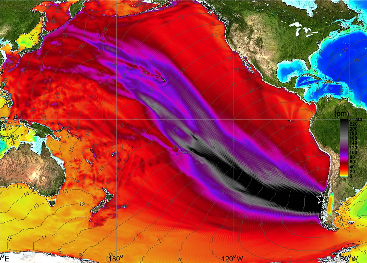 Enlarge tsunami energy/propagation map from the May 22, 1960, Pacific-wide tsunami.