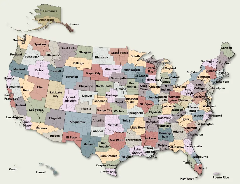 Map of the NWS forecast offices and their areas of responsibility.