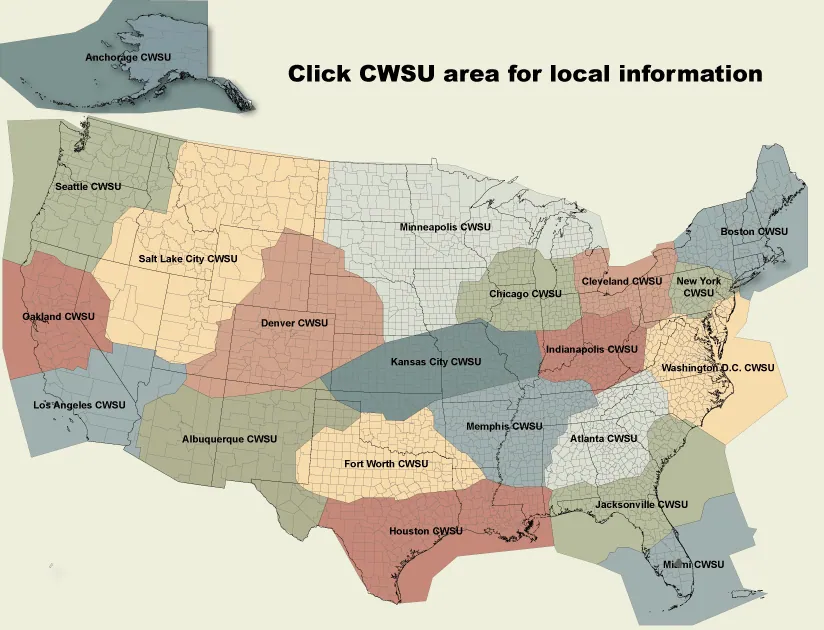 Map of the Center Weather Service Units and their areas of responsibility.