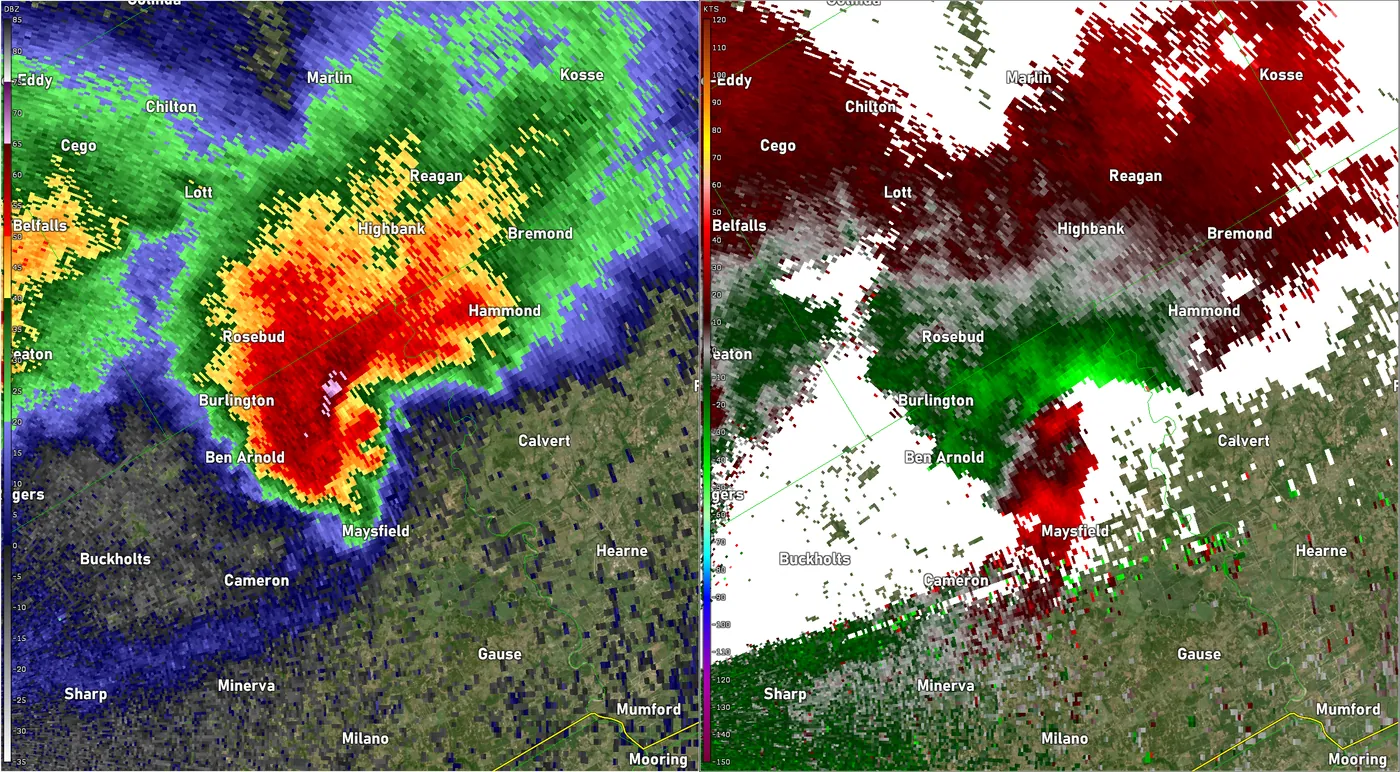 Reflectivity (left) and velocity (right) of a severe thunderstorm on April 12, 2022 in Central Texas. Notice