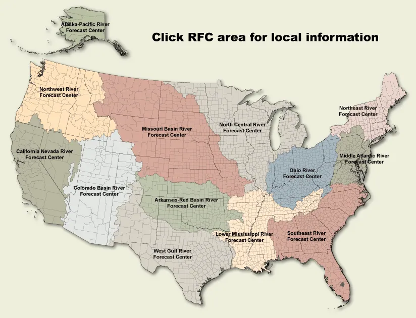Map of the 13 River Forecast Centers and their areas of responsibility.