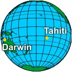 The locations of Tahiti and Darwin, Australia.