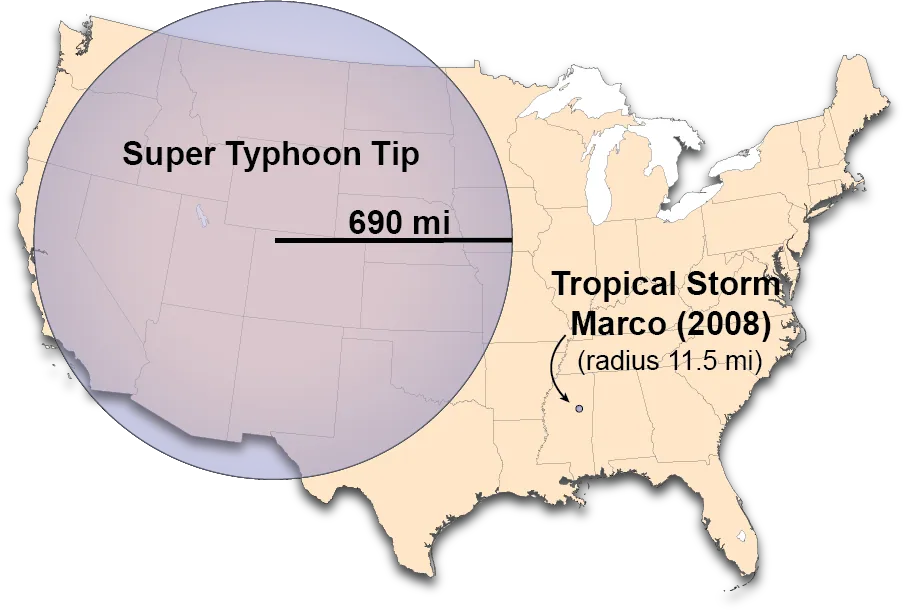 The relative sizes of the largest and smallest tropical cyclones on record as compared to the United States.
