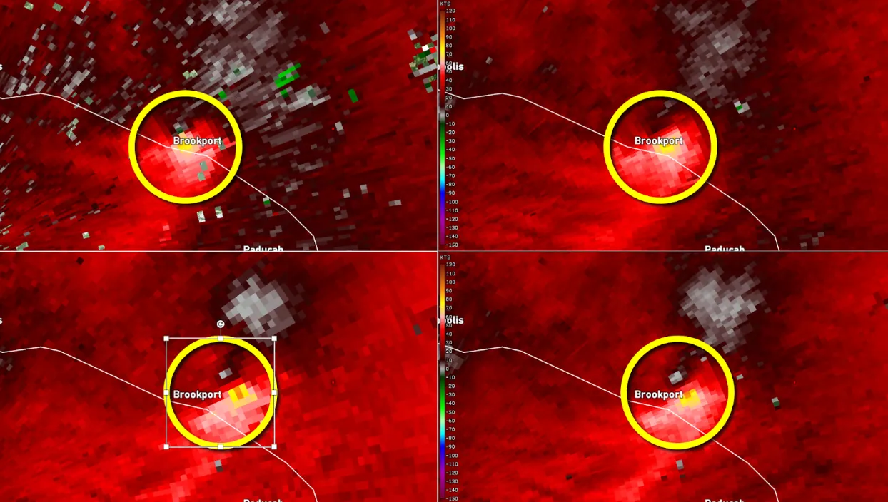 Base Velocity images from the four lowest elevation angles (clockwise from top left: 0.5°, 0.9°, 1.3°, and 1.8°).