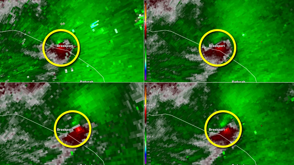 Clockwise from top left are the four lowest elevation angles (0.5°, 0.9°, 1.3°, and 1.8°).