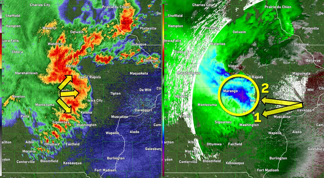 Left): Base reflectivity from a derecho moving through eastern Iowa as sampled by the Davenport, Iowa radar on August 10, 2020. The bow shape in the reflectivity is often an indicator of strong winds. (Right): The base velocity product that corresponds to the reflectivity image. The blue colors are indicative of winds in excess of 90 mph. Remember that greens/blues are winds blowing toward the radar.